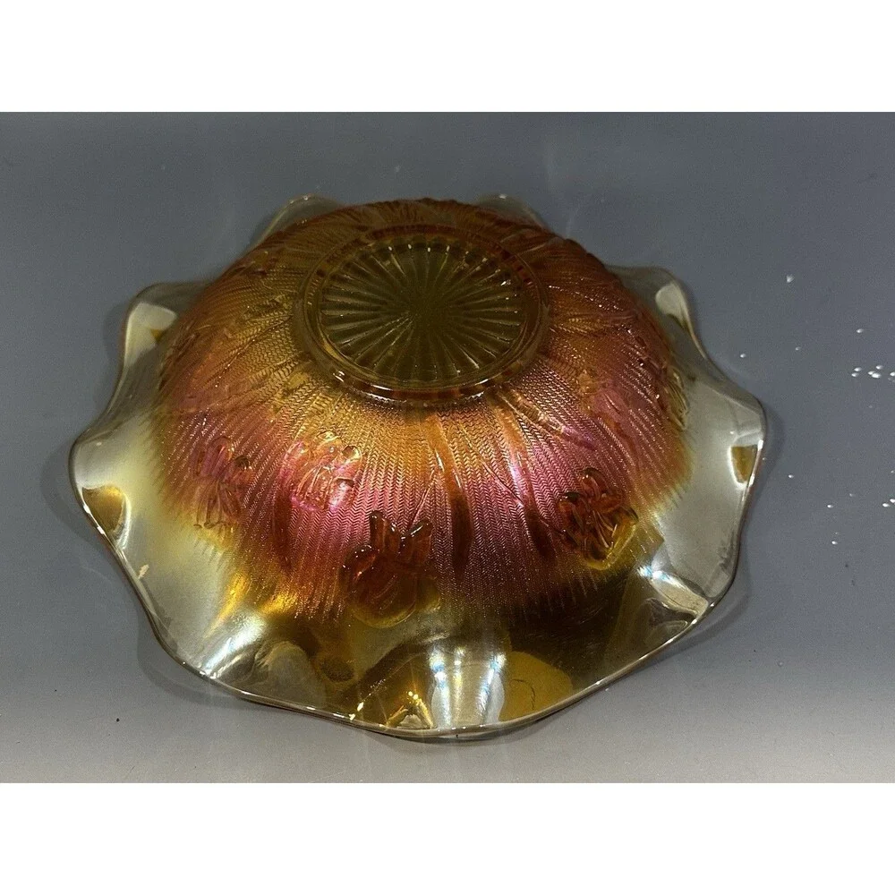 Jeannette Iris & Herringbone Pink Iridescent Footed Bowl Carnival Glass Vintage